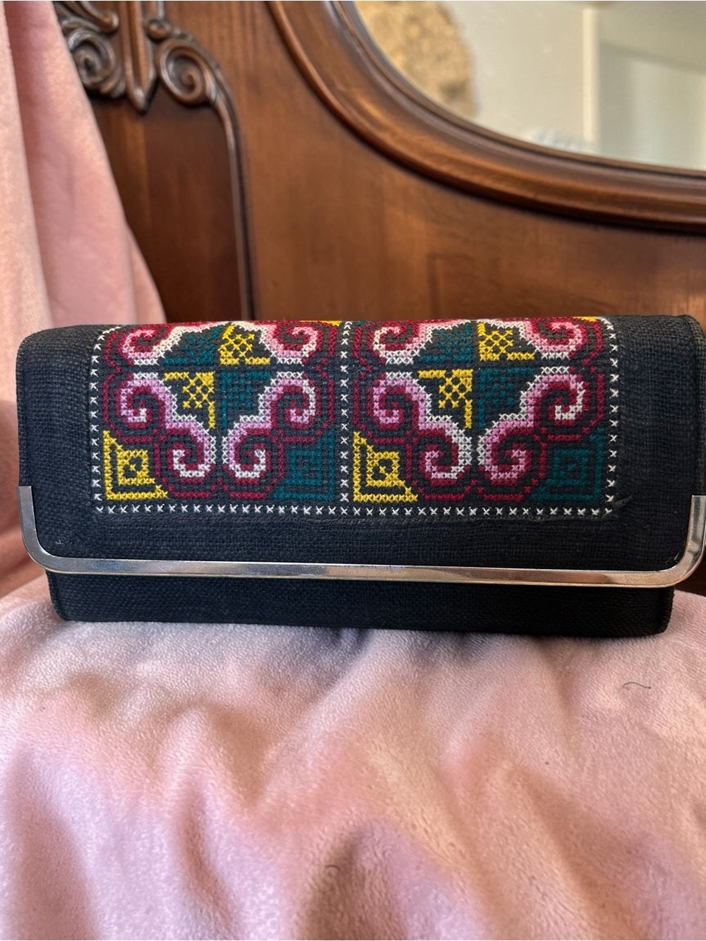 Traditional Hmong embroidered clutch wallet, handcrafted embroidery work of art